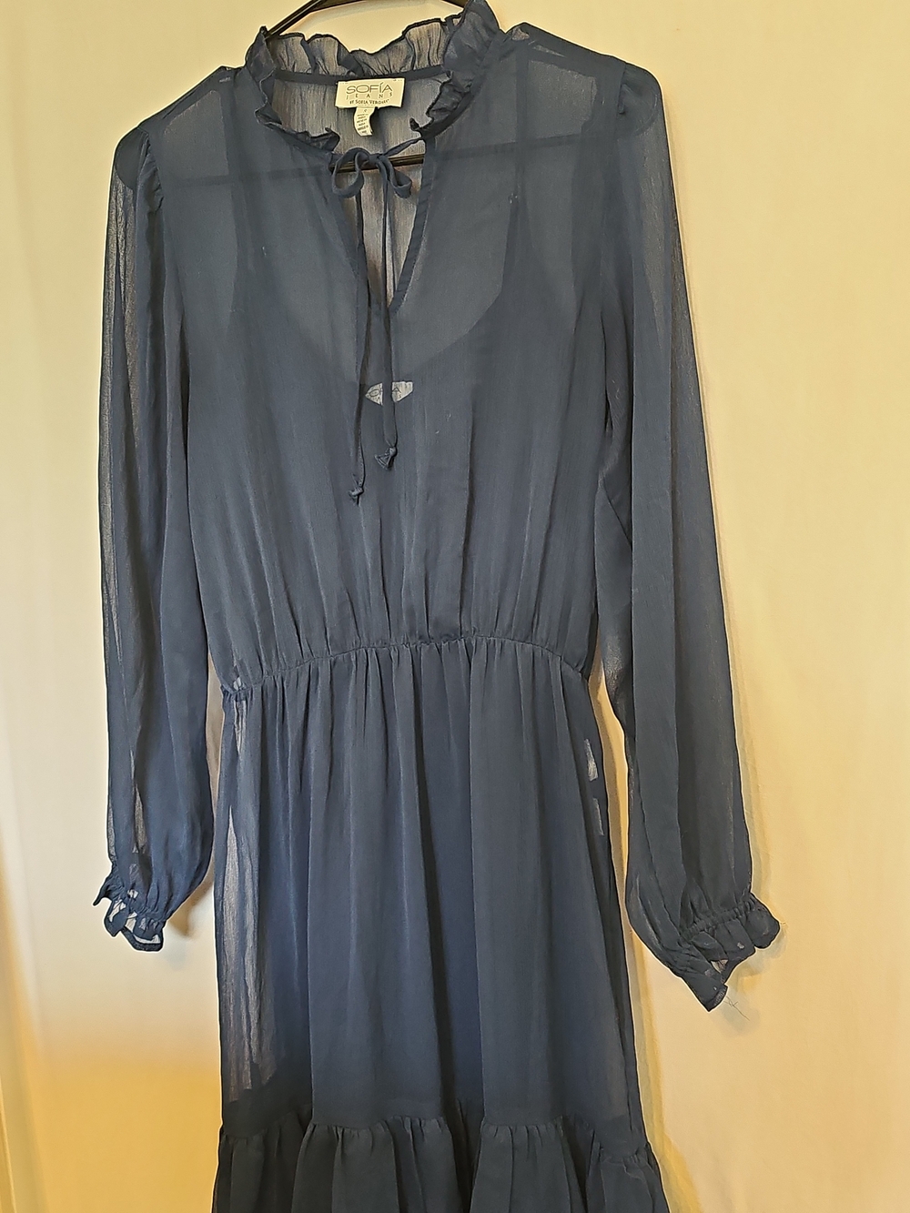Navy Blue Sheer Tiered Midi DressSize: Small - Picture 5 of 9